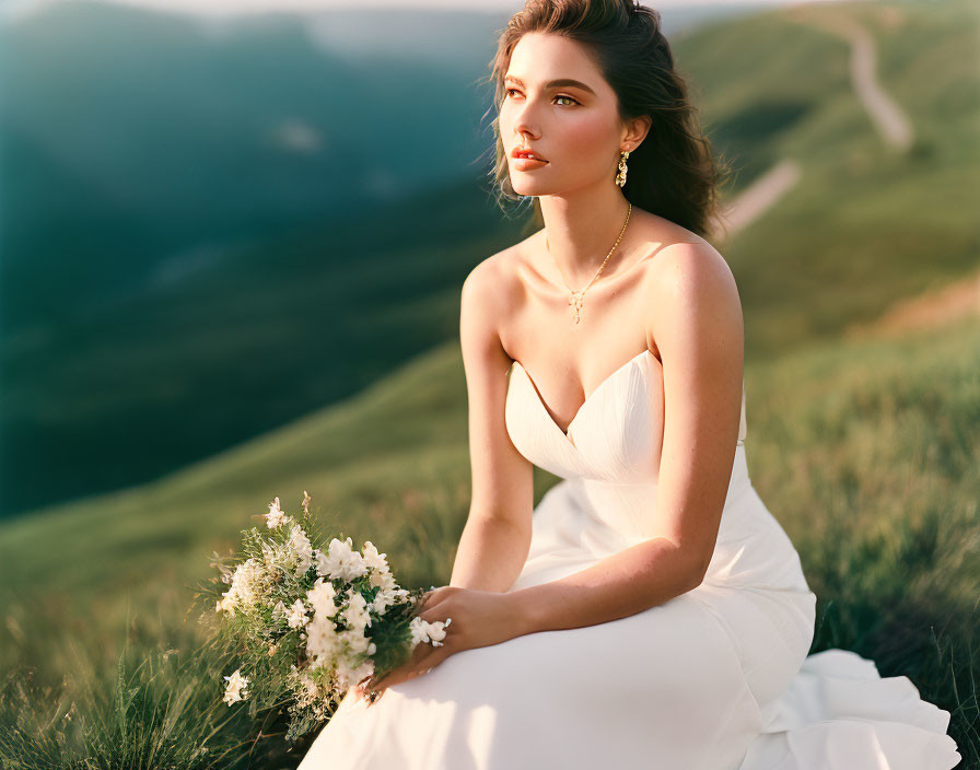 Woman in white gown with bouquet on grassy hill serene background