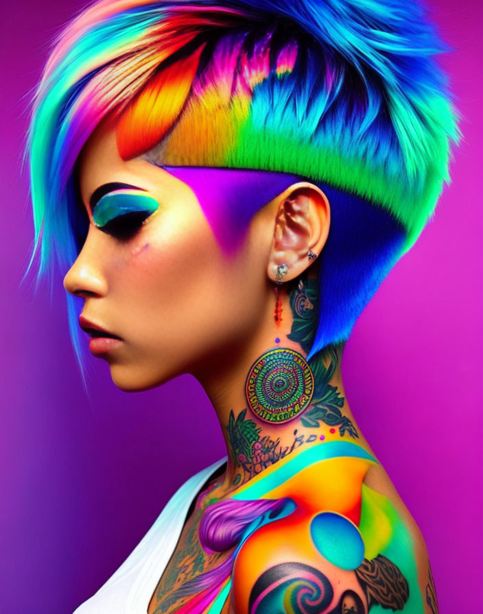 Vibrant woman with rainbow haircut, vivid makeup, and colorful tattoos on pink background