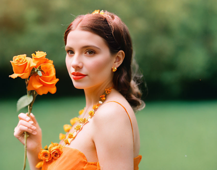 Woman in Orange Dress Holding Rose on Soft Green Background