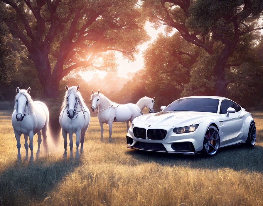 Luxury white car parked beside four white horses in sunlit meadow