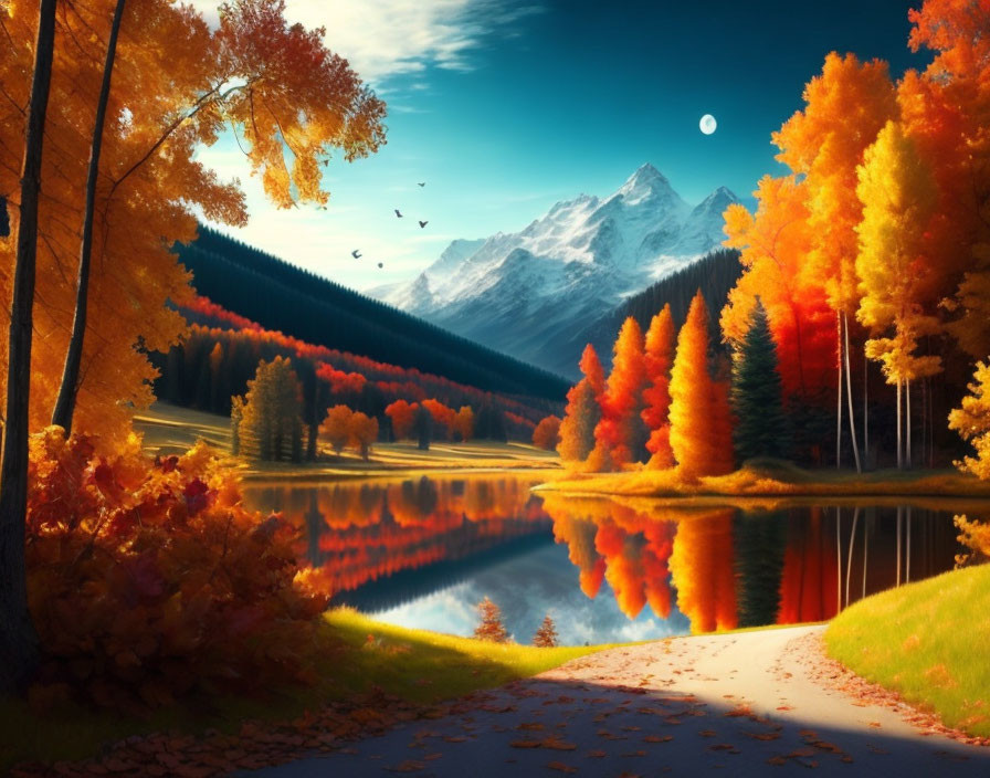 Tranquil autumn landscape with lake, fall foliage, mountains, and blue sky