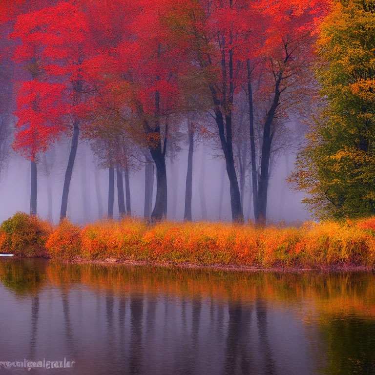 Vibrant Autumn Riverbank with Red and Yellow Foliage