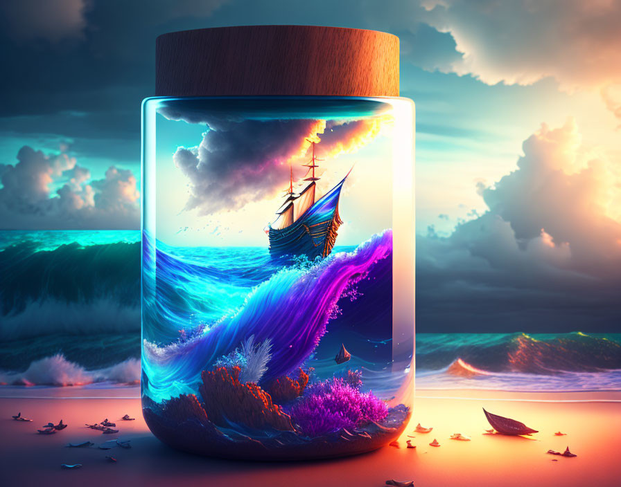 Surreal digital artwork: ship in jar on vibrant oceanic backdrop