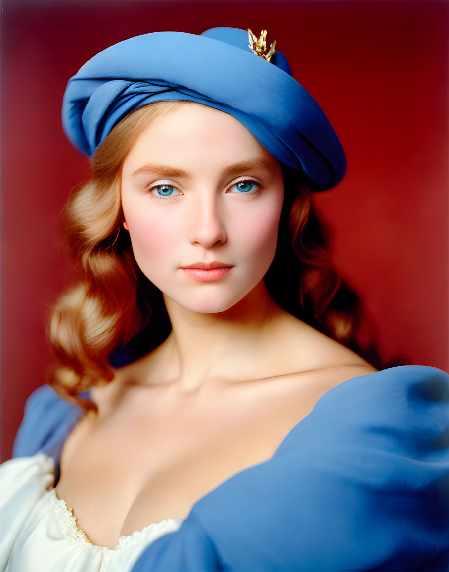 Blue-dressed woman with blue eyes and headwear on red background