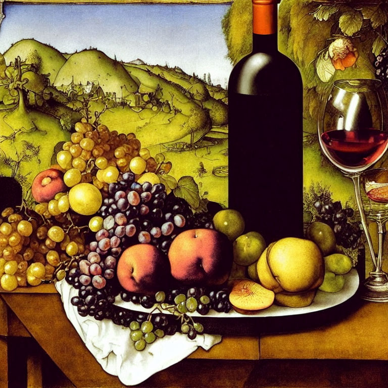 Colorful still life painting with grapes, peaches, lemons, wine bottle, and glass