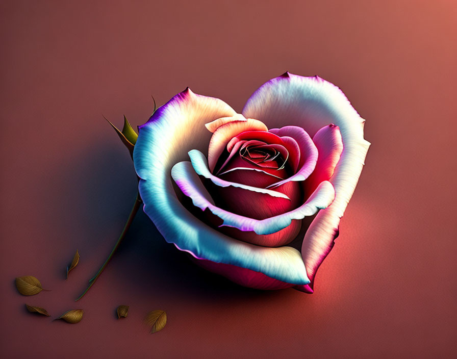 Multicolored digitally-created rose on plain surface with scattered petals