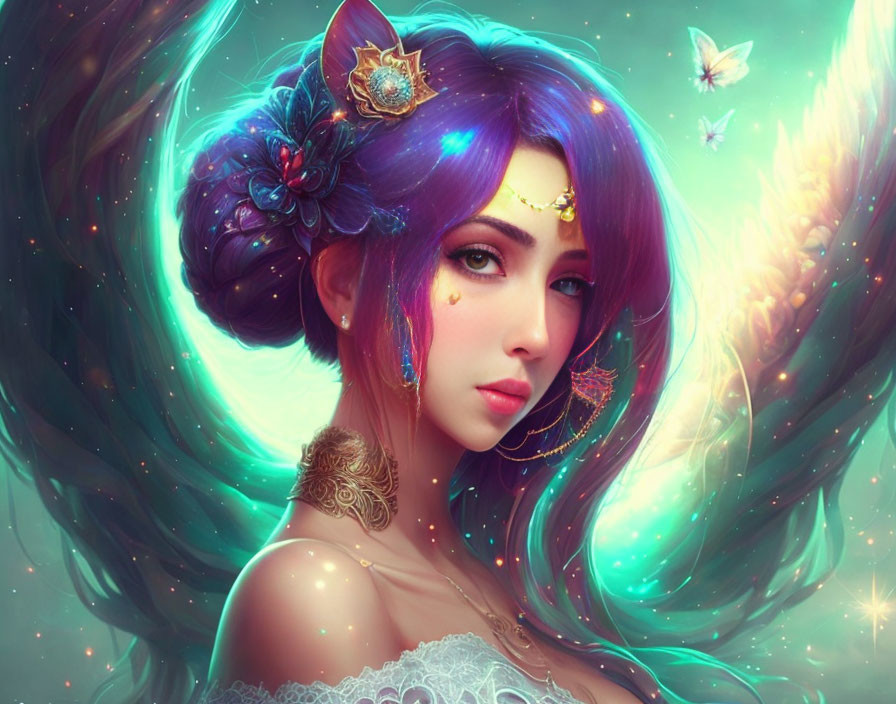 Digital illustration: Woman with purple hair, floral crown, exotic jewelry, mystical aura, butterflies.