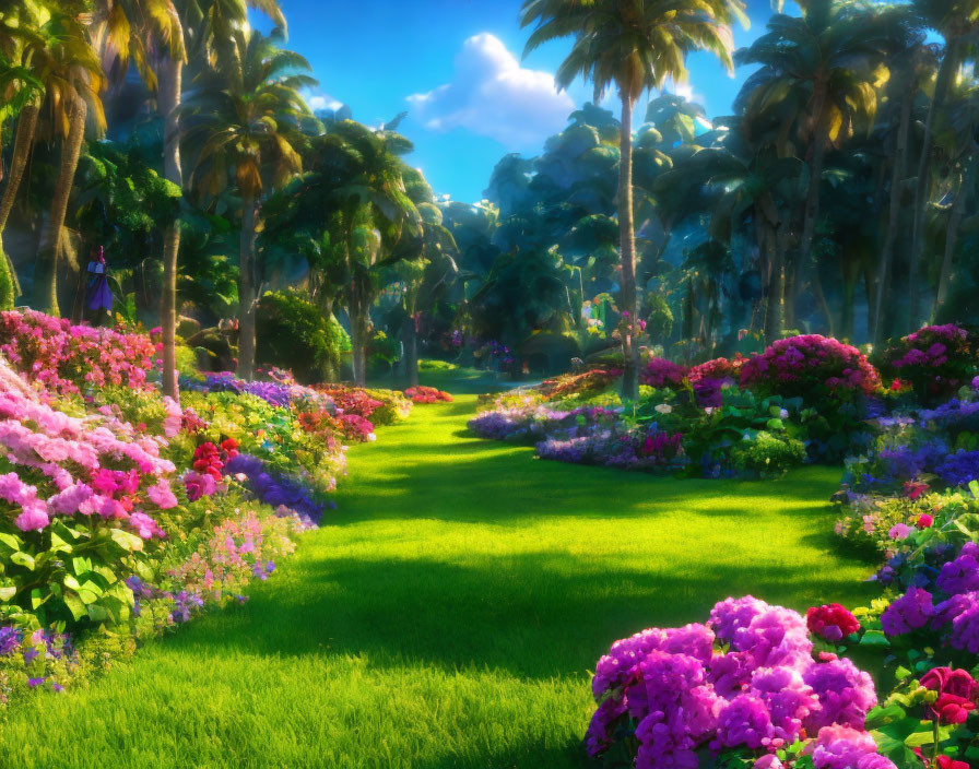 Lush Garden with Pink and Purple Flowers and Palm Trees