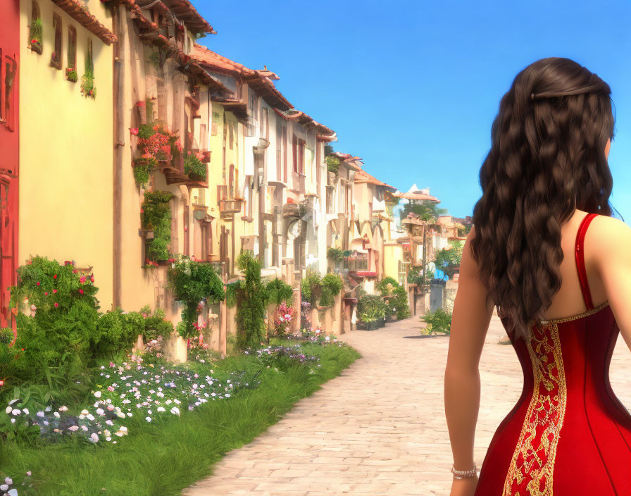 Woman in red dress on charming European-style street with flowering plants and quaint houses