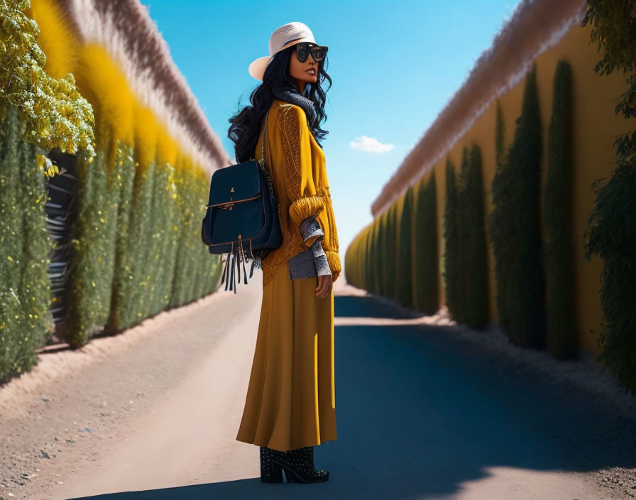 Stylish woman in yellow sweater and skirt walking under blue sky