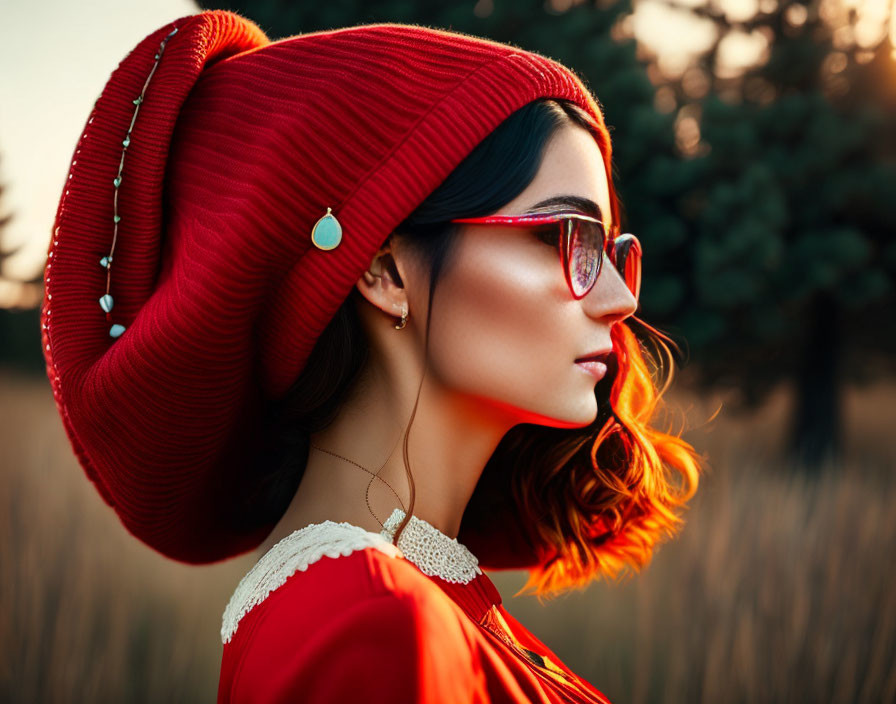 Profile of Woman in Large Red Hat and Sunglasses Backlit by Golden Sunlight