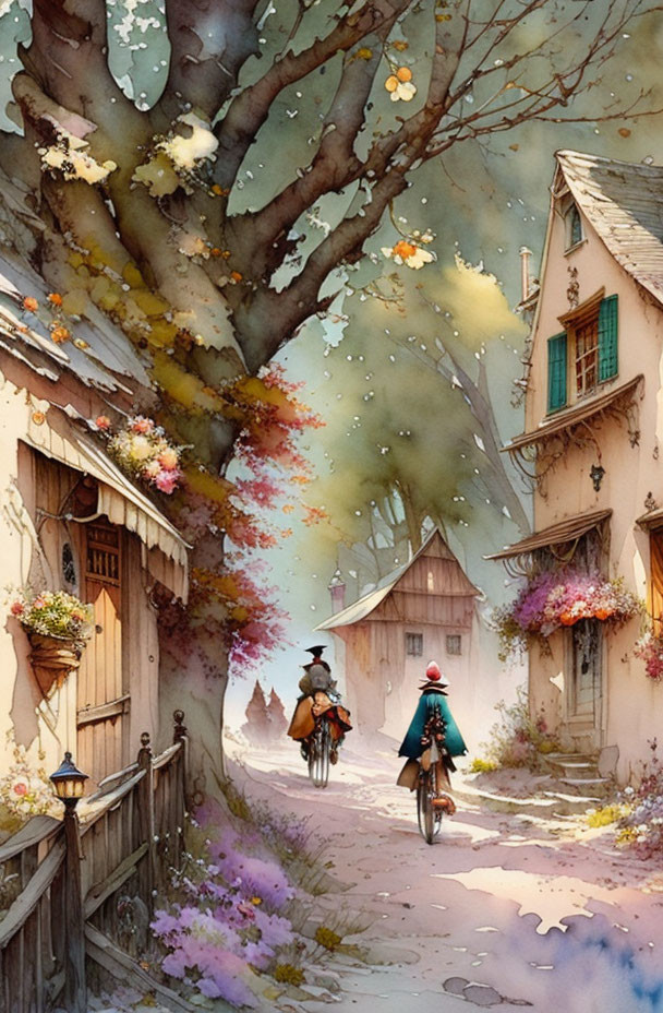 Biking through picturesque village with blooming trees