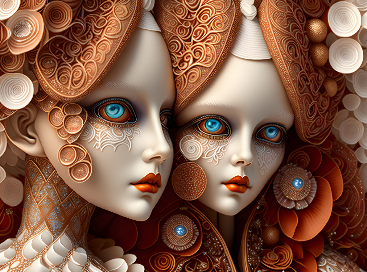 Ornate doll-like faces with intricate patterns and deep blue eyes amid swirling copper-toned designs