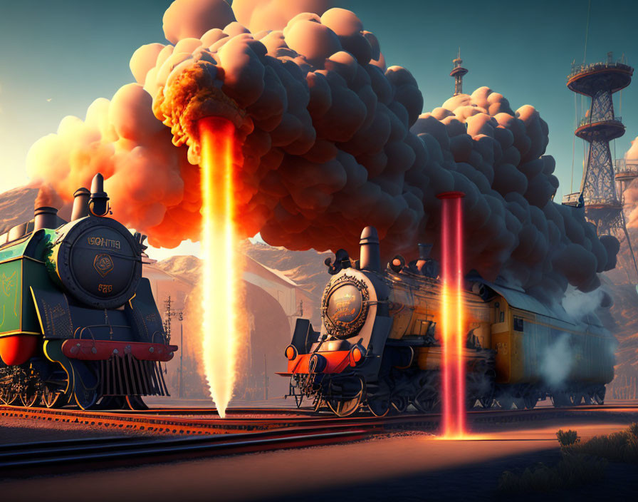 Vintage trains emitting colorful exhaust plumes under a vivid sky with industrial towers.