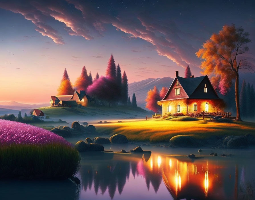 Cozy cottage by lake in lush, colorful landscape at dusk