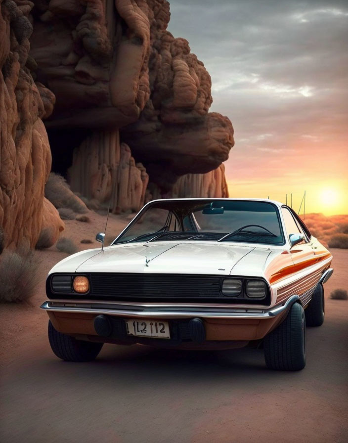 Vintage muscle car with white and black details on desert road at sunset