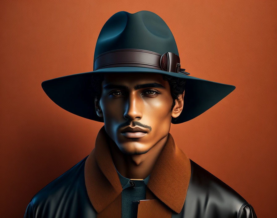 Stylized man with mustache in wide-brimmed hat and coat on orange background