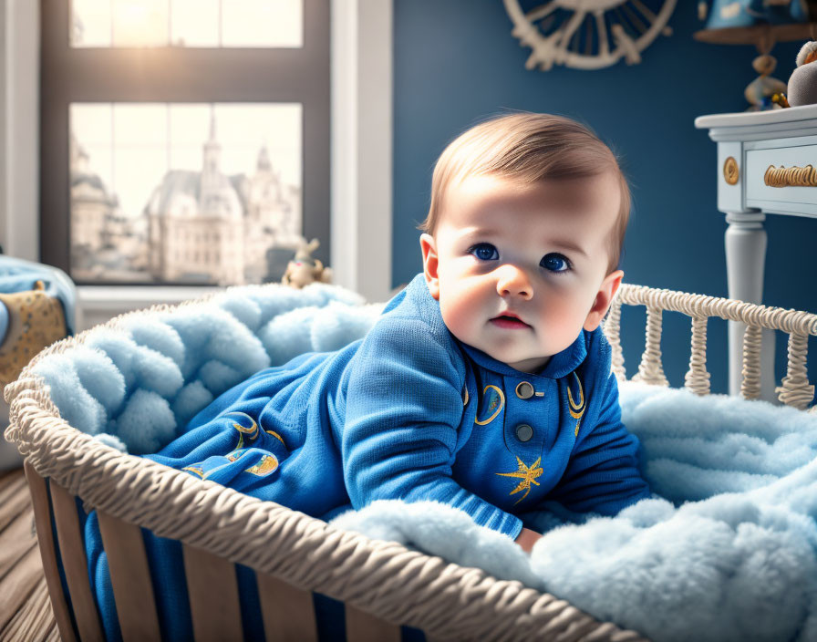 Baby in Blue Outfit in Woven Bassinet by Window with Vintage Building View in Nautical Room