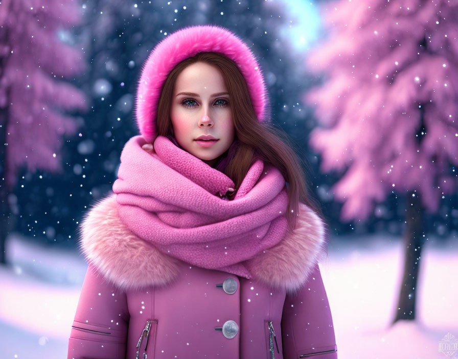 Woman in pink winter coat standing in falling snowflakes with pink trees.