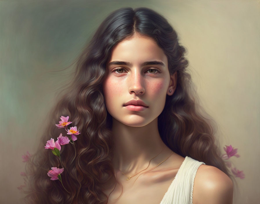 Young woman portrait with wavy hair and pink flowers, serene expression