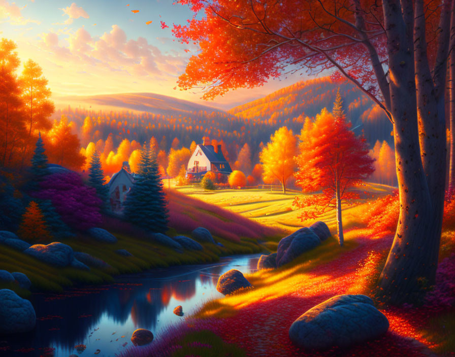 Autumn landscape with cozy house, vibrant trees, stream, and rolling hills