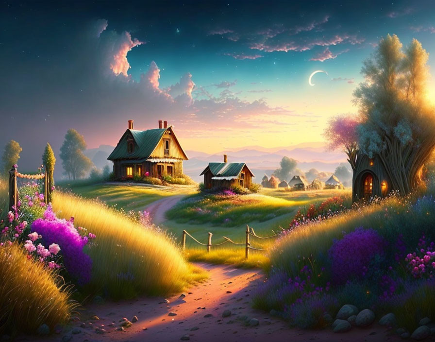 Vibrant flowers, cozy cottage, rolling hills: Twilight countryside scene