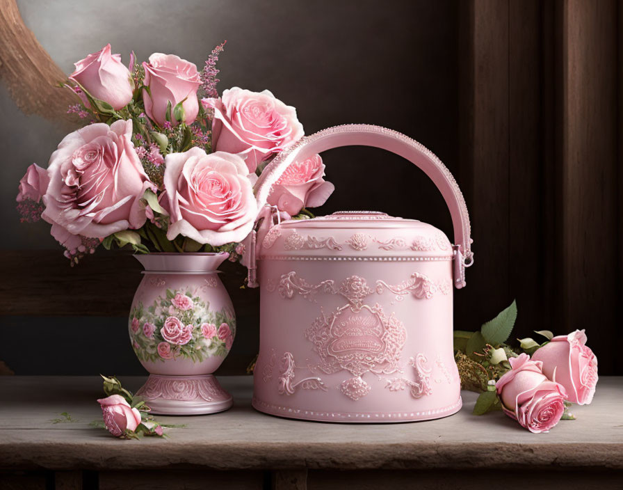 Vintage-style Pink Decorative Box & Pink Roses in Vase on Wooden Surface