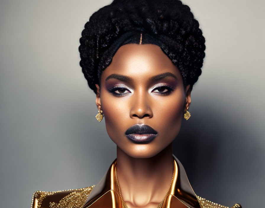 Striking makeup and braided hair portrait with gold earrings.