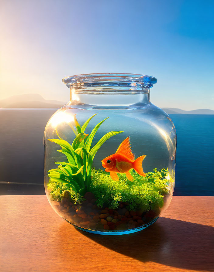 Goldfish Swimming in Transparent Bowl with Green Plants on Wood Surface Against Ocean Sunset