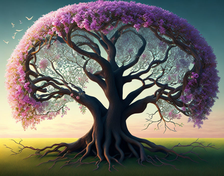 Whimsical illustration of robust tree with pink blossoms, twisted branches, and birds in dusk sky