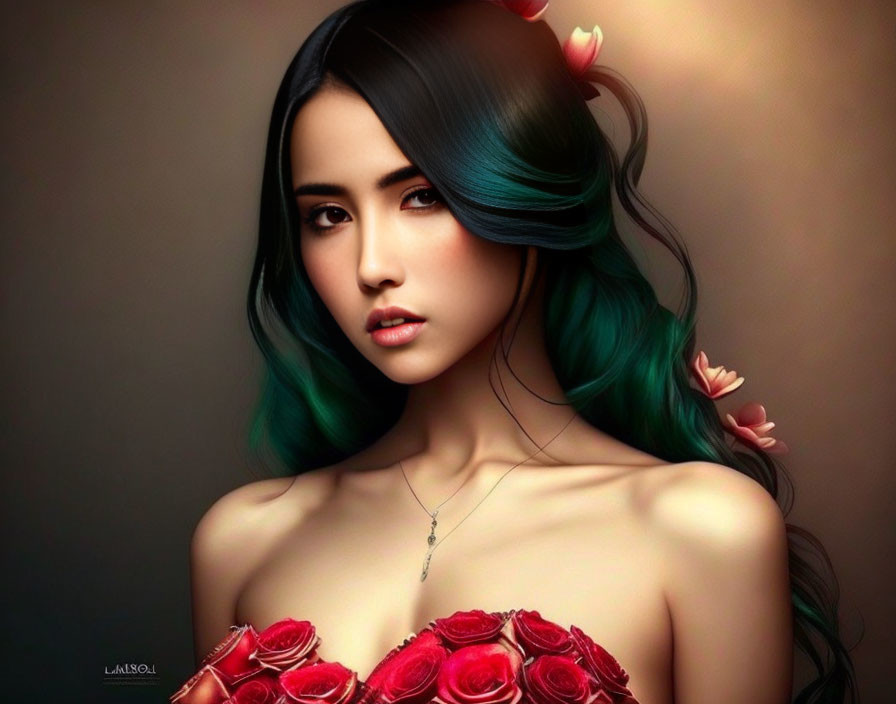 Digital artwork: Woman with dark hair and teal highlights, flowers, red rose bouquet, muted backdrop.