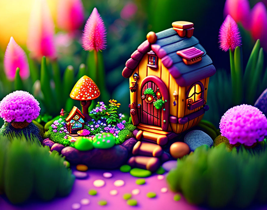 Vibrant fantasy illustration of whimsical cottage and garden