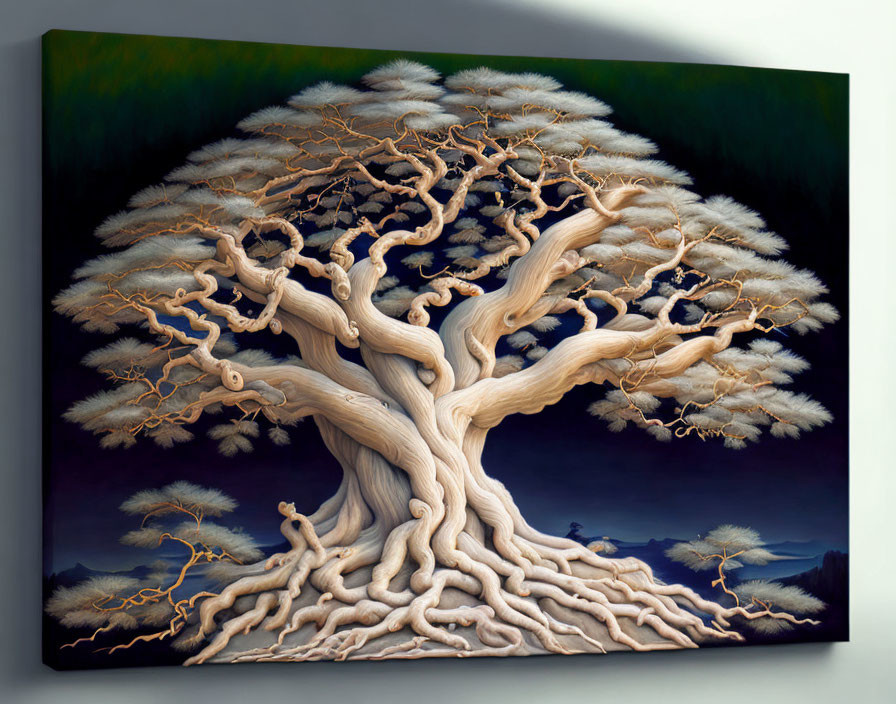 Intricate large tree painting with exposed roots and leafy canopy on wall