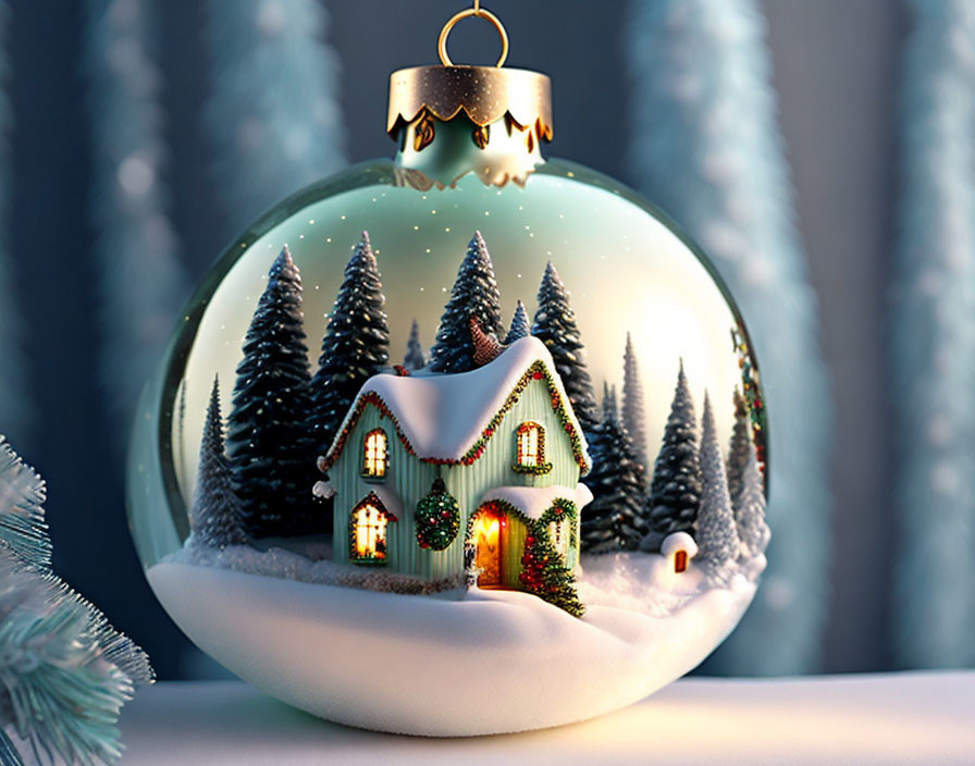 Snow-covered cottage ornament with pine trees in wintry forest