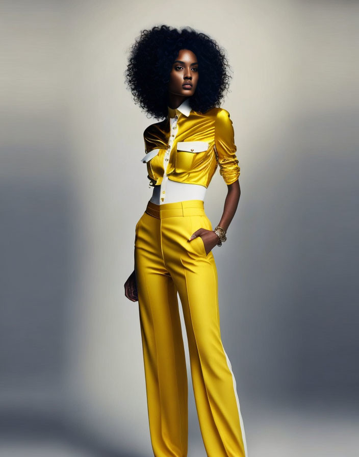 Curly-Haired Woman in Yellow Pantsuit on Gray Background