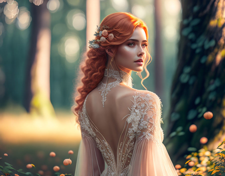 Red-haired woman in embellished gown in sunlit forest with bokeh.