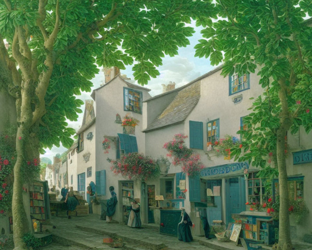 Tranquil street scene with pedestrians, green foliage, blooming flowers, bookshop, and gallery