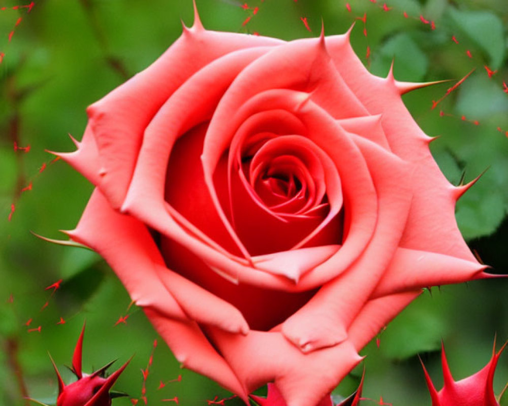 Blooming pink rose with sharp red thorns on green stems