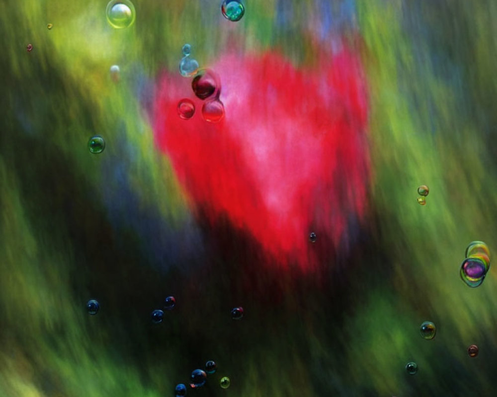 Colorful abstract art: heart-shaped red blur with floating bubbles on green background