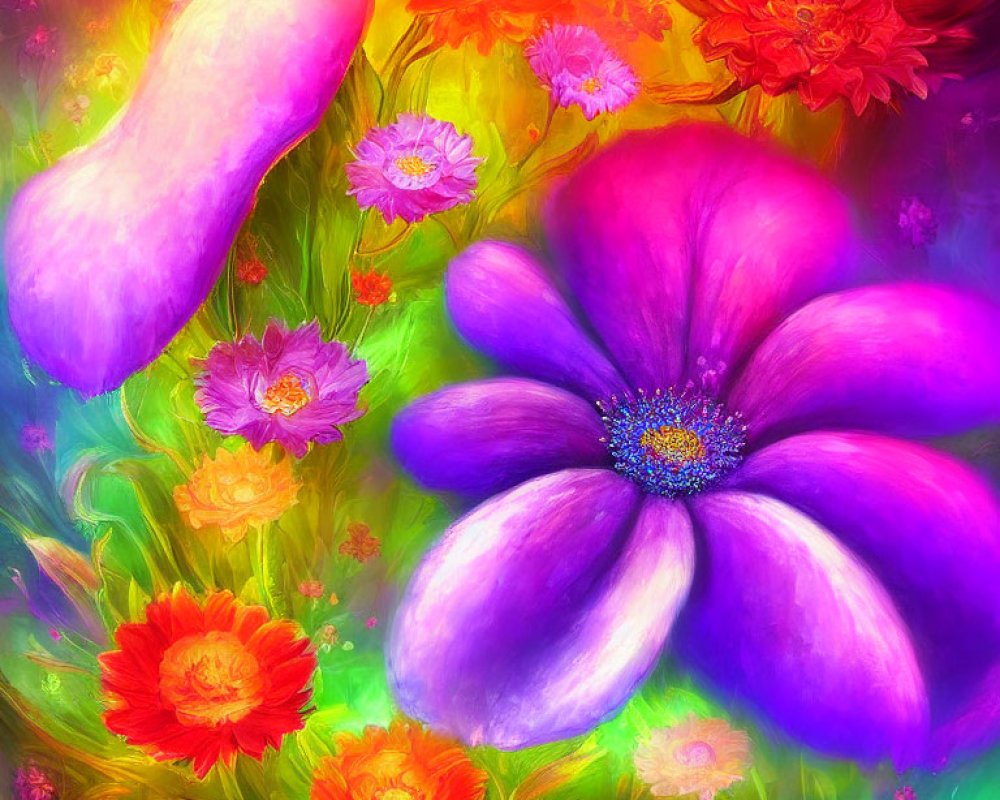 Colorful Digital Painting of Purple, Red, and Orange Flowers