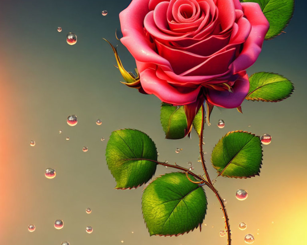 Pink rose with green leaves and thorns on stem, water droplets, soft orange background