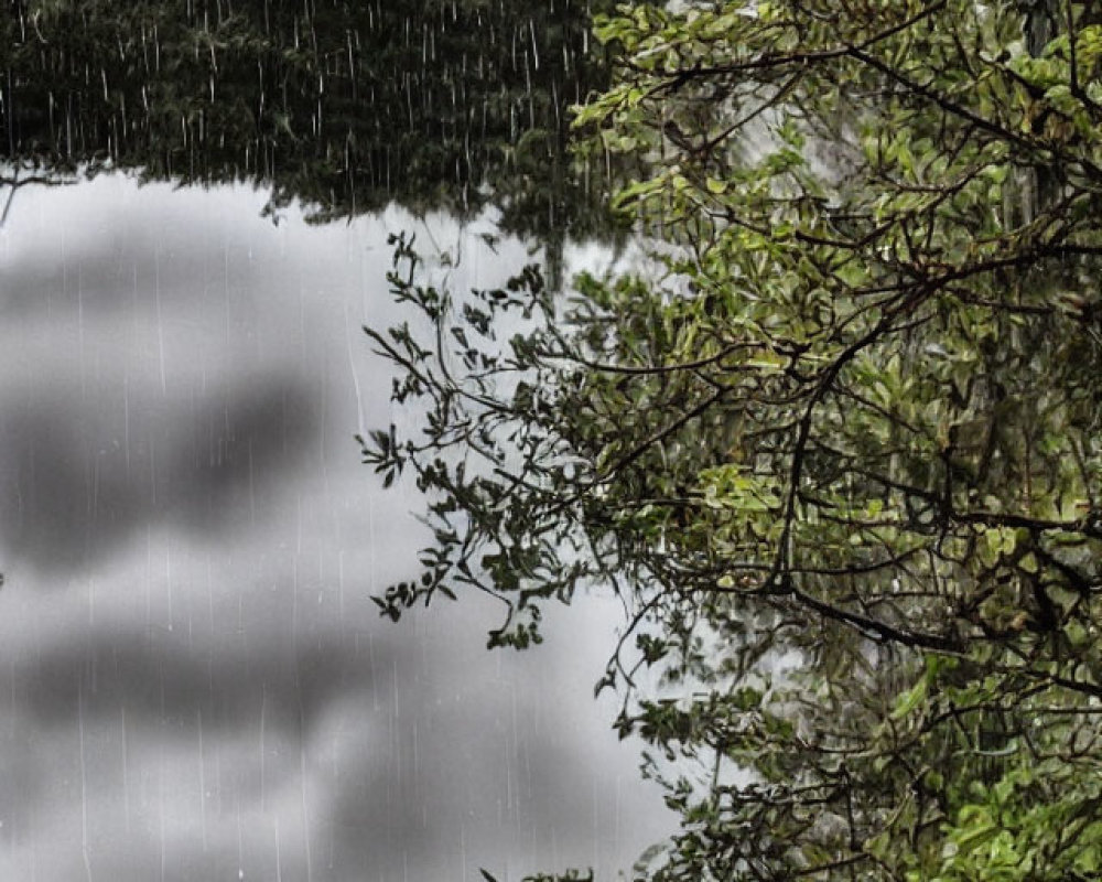 Serene lake and lush foliage under grey, overcast sky