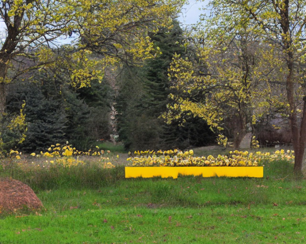 Lush Green Park with Yellow Flowers, Path, and Bench