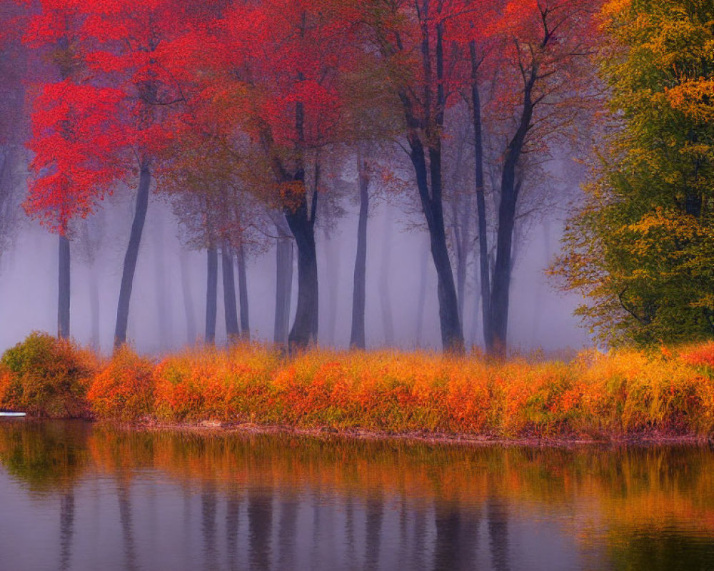 Vibrant Autumn Riverbank with Red and Yellow Foliage