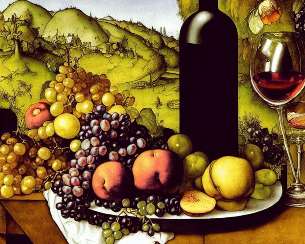 Colorful still life painting with grapes, peaches, lemons, wine bottle, and glass