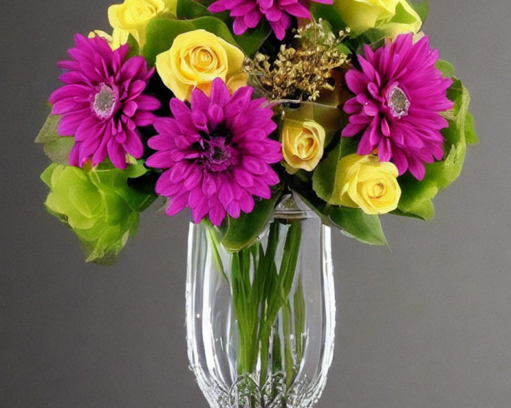 Yellow Roses and Purple Daisies Bouquet in Clear Glass Vase