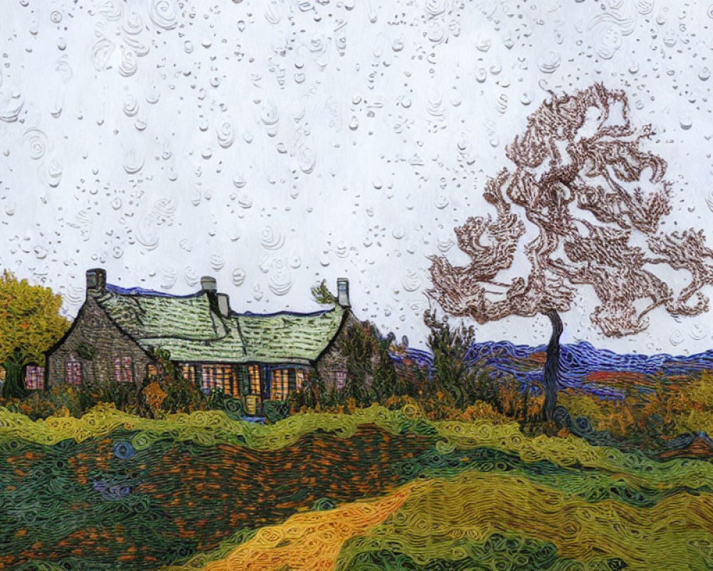 Thatched Roof House Painting with Swirling Fields and Rainy Sky