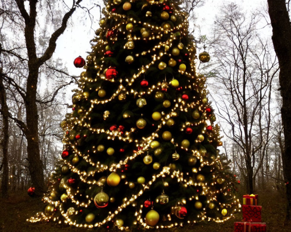 Decorated Outdoor Christmas Tree with Red and Gold Ornaments and Presents in Forest Setting