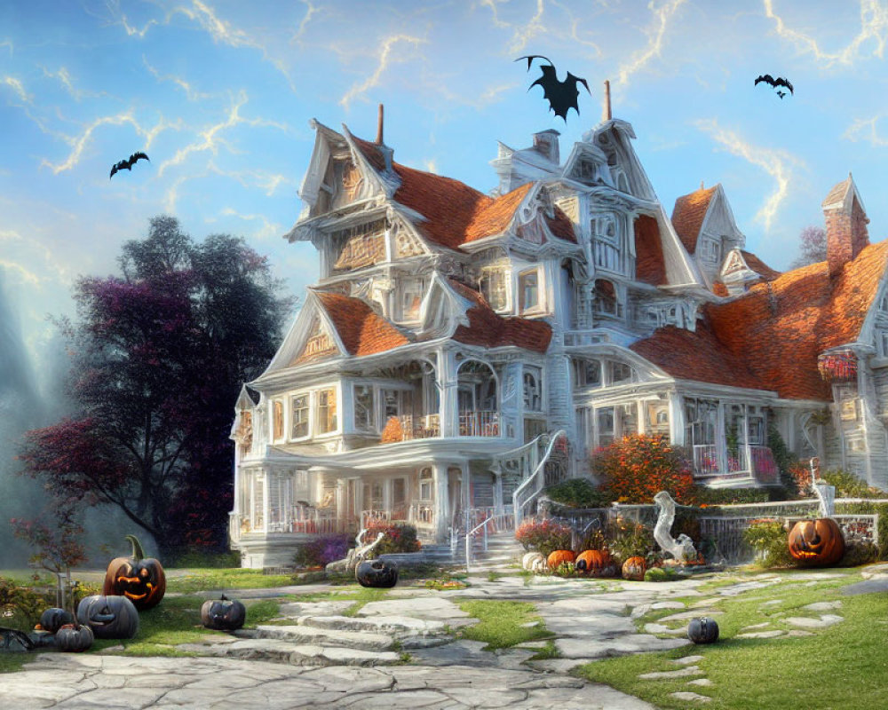 Victorian Mansion with Halloween Decorations in Autumn Landscape