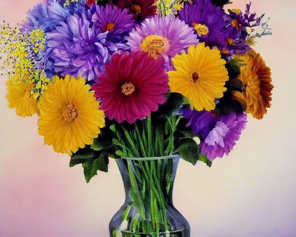 Colorful Flower Bouquet in Clear Glass Vase on Pink Background